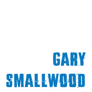 Logo for Gary Smallwood - white guitar blue text on transparent background